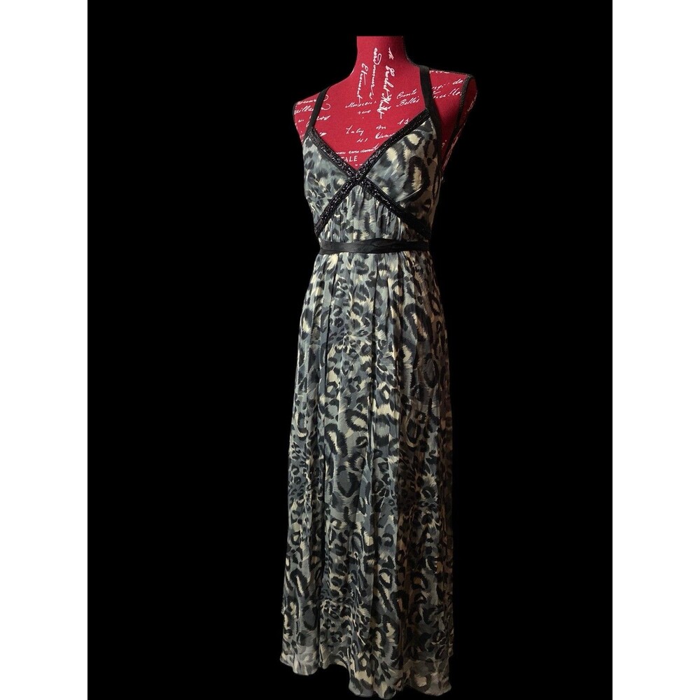 Donna Rico Silk Beaded Leopard Print Maxi Dress Crisscross Back Evening Gown